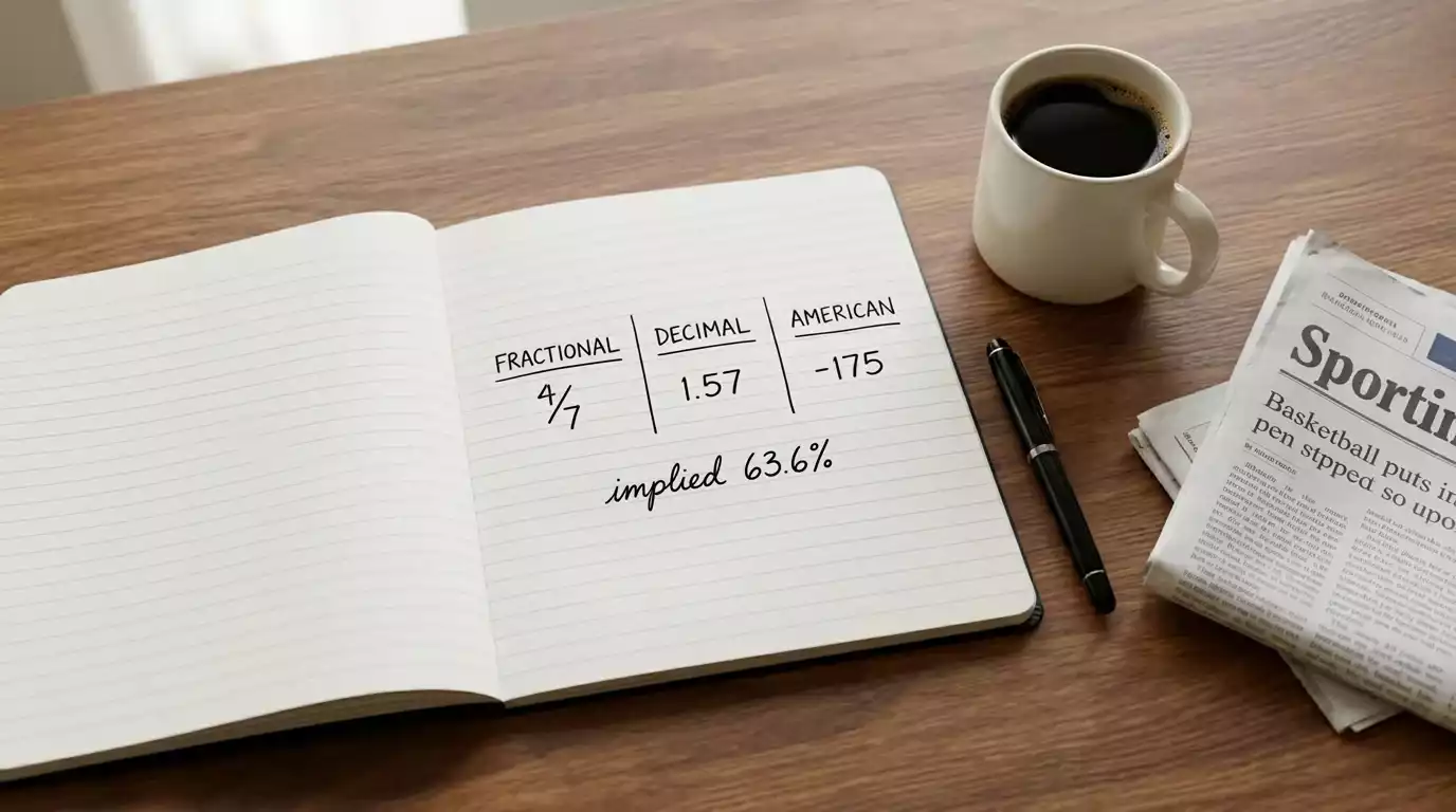 Open notebook with NBA Finals prices written in fractional, decimal and American formats side by side