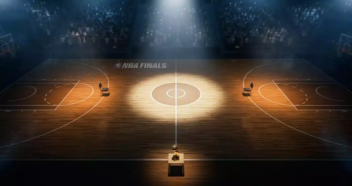 NBA Finals court at tip-off, viewed from above, with overlaid fractional and decimal odds for a UK bettor's reading