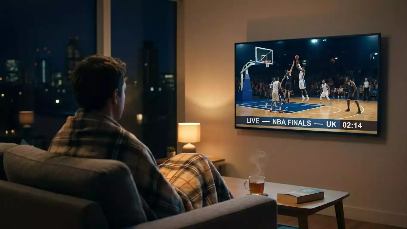 British living room at 2 AM, NBA Finals broadcast on a wall-mounted TV, mug of tea on the coffee table, Sky Sports lower-third visible