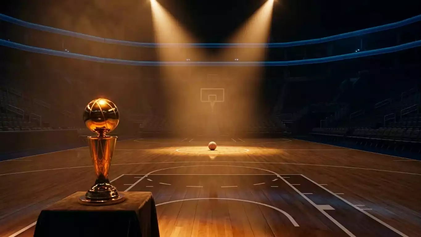 Oklahoma City Thunder home arena before tip-off, empty hardwood under spotlight, Larry O Brien Trophy silhouette in foreground