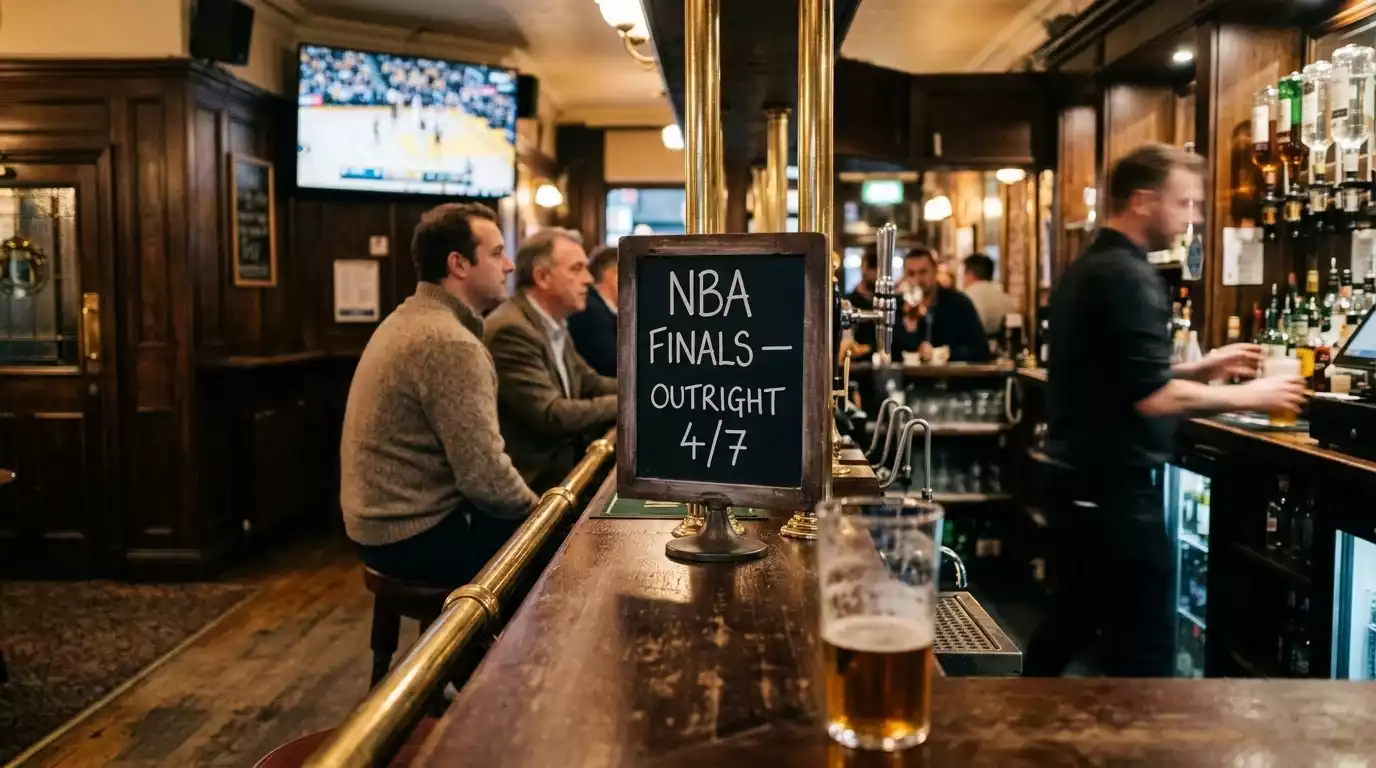 British sports bar at night with NBA Finals on a screen, fractional odds line shown on a chalkboard